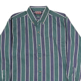 BUGLE BOY Mens Green & Blue Stripe Button-Down Cotton Shirt L Classic Fit Long