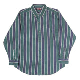 BUGLE BOY Mens Green & Blue Stripe Button-Down Cotton Shirt L Classic Fit Long