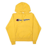 CHAMPION Mens Yellow Hoodie S Cotton Blend Pullover Drawstring Logo