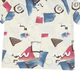 Womens Cream Blue & Brown Printed Shirt Short Sleeve Collared M Abstract Art
