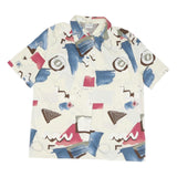 Womens Cream Blue & Brown Printed Shirt Short Sleeve Collared M Abstract Art
