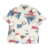 Womens Cream Blue & Brown Printed Shirt Short Sleeve Collared M Abstract Art