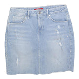 GUESS Womens Blue Denim Mini Cotton Blend Skirt S Embellished Distressed Casual