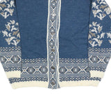 BAY CLUB Womens Blue & Cream Patterned Cardigan Floral Crew Neck Cable Knit L