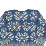 BAY CLUB Womens Blue & Cream Patterned Cardigan Floral Crew Neck Cable Knit L