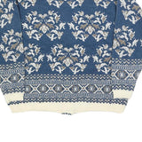 BAY CLUB Womens Blue & Cream Patterned Cardigan Floral Crew Neck Cable Knit L