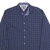 TOMMY HILFIGER Mens Blue Checked Cotton Blend Shirt XL Classic Fit Button-Up