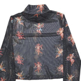 URBANIC Y2K Womens Black Angel Print Long Sleeve High Neck Top L Mesh Sheer