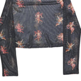 URBANIC Y2K Womens Black Angel Print Long Sleeve High Neck Top L Mesh Sheer