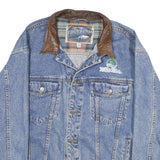 DUNBROOKE Mens Blue Leather Collar Denim Button Jacket XL Cotton Plaid Casual