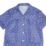 Womens Blue Floral Print Shirt Short Sleeve Collared M Polyester Casual