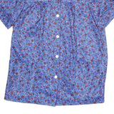 Womens Blue Floral Print Shirt Short Sleeve Collared M Polyester Casual