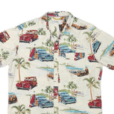 FREE PLANET Mens Cream Classic Cars Print Cotton Blend Shirt L Beach Holiday