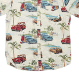 FREE PLANET Mens Cream Classic Cars Print Cotton Blend Shirt L Beach Holiday