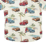 FREE PLANET Mens Cream Classic Cars Print Cotton Blend Shirt L Beach Holiday