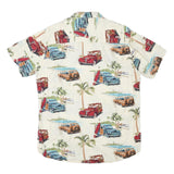 FREE PLANET Mens Cream Classic Cars Print Cotton Blend Shirt L Beach Holiday