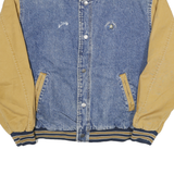 PORT AUTHORITY Mens Blue & Beige Denim Cotton Varsity Jacket L Zip Casual Retro