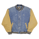 PORT AUTHORITY Mens Blue & Beige Denim Cotton Varsity Jacket L Zip Casual Retro