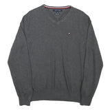 TOMMY HILFIGER Mens Grey Jumper Plain V-Neck Basic Knit L Classic Cotton Blend