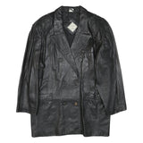 Womens Black Leather Button Jacket M Plain Classic Double Breasted Stylish