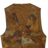 Mens Brown Patchwork Button Jacket L Polyester Blend Vintage Style Waistcoat