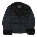 STYLE AND CO Womens Black Jacket L Polyester Faux Fur Button Closure