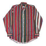 COTTON CLUB Mens Red Green Blue Striped Shirt L Button-Down Long Sleeve Cotton