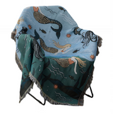 Anycozy Blue Faux Cashmere Throw Blanket – Mermaid Pattern Sofa Cover with Tassels, Soft Picnic & Camping Mat