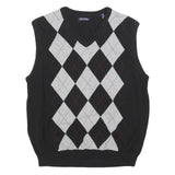 CONSENSUS Mens Black & Grey Patterned V-Neck Chunky Knit M Jumper Cotton Blend