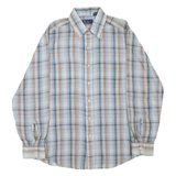JC PENNEY Mens Blue & Brown Check Shirt L Long Sleeve Button Cotton Blend