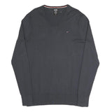 HILFIGER DENIM Mens Black V-Neck Plain Cotton Blend Jumper XL Classic Knitwear