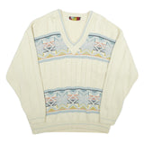 JESMARY Mens Cream Patterned V-Neck Cable Knit Jumper M Wool Warm Classic