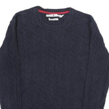 TOMMY HILFIGER Womens Navy Blue Patterned Jumper Crew Neck Cable Knit L Cotton