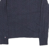 TOMMY HILFIGER Womens Navy Blue Patterned Jumper Crew Neck Cable Knit L Cotton