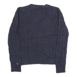 TOMMY HILFIGER Womens Navy Blue Patterned Jumper Crew Neck Cable Knit L Cotton