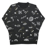 Womens Black Sweatshirt V Neck XL Abstract Print Cotton Blend Relaxed