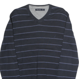 NAUTICA Mens Navy Blue & Light Blue Striped Patterned V-Neck Jumper Basic Knit L