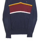 TOMMY HILFIGER Mens Navy & Maroon Colourblock Patterned Cotton Jumper 1/4 Zip S