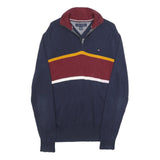 TOMMY HILFIGER Mens Navy & Maroon Colourblock Patterned Cotton Jumper 1/4 Zip S
