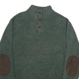 CHAPS Mens Green Jumper Cotton Pullover Button Neck Rib Knit L Elbow Patch