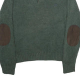 CHAPS Mens Green Jumper Cotton Pullover Button Neck Rib Knit L Elbow Patch