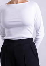 Ribbed Boat Neck Long Sleeve T-Shirt, White