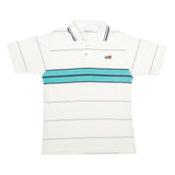 K-PRODUCTS Mens White & Teal Striped Short Sleeve Polo Shirt M Logo Embroidered