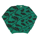 MV Womens Green Black Leaf Pattern Plain Crew Neck Chunky Knit Jumper M Wool