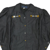 Womens Black Top Long Sleeve Collar Button Neck Embellished L L