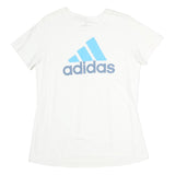 ADIDAS Mens White Light Blue Logo Graphic T-Shirt L Short Sleeve Crew Neck