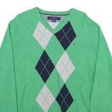 TOMMY HILFIGER Mens Green Navy & Grey Patterned V Neck Jumper Cable Knit L