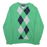 TOMMY HILFIGER Mens Green Navy & Grey Patterned V Neck Jumper Cable Knit L