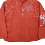 Mens Red Orange Hooded Button Jacket XL Polyester Blend Artistic Print Casual