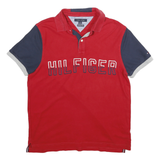 TOMMY HILFIGER Mens Red & Navy Short Sleeve Plain M Cotton Blend Polo Shirt